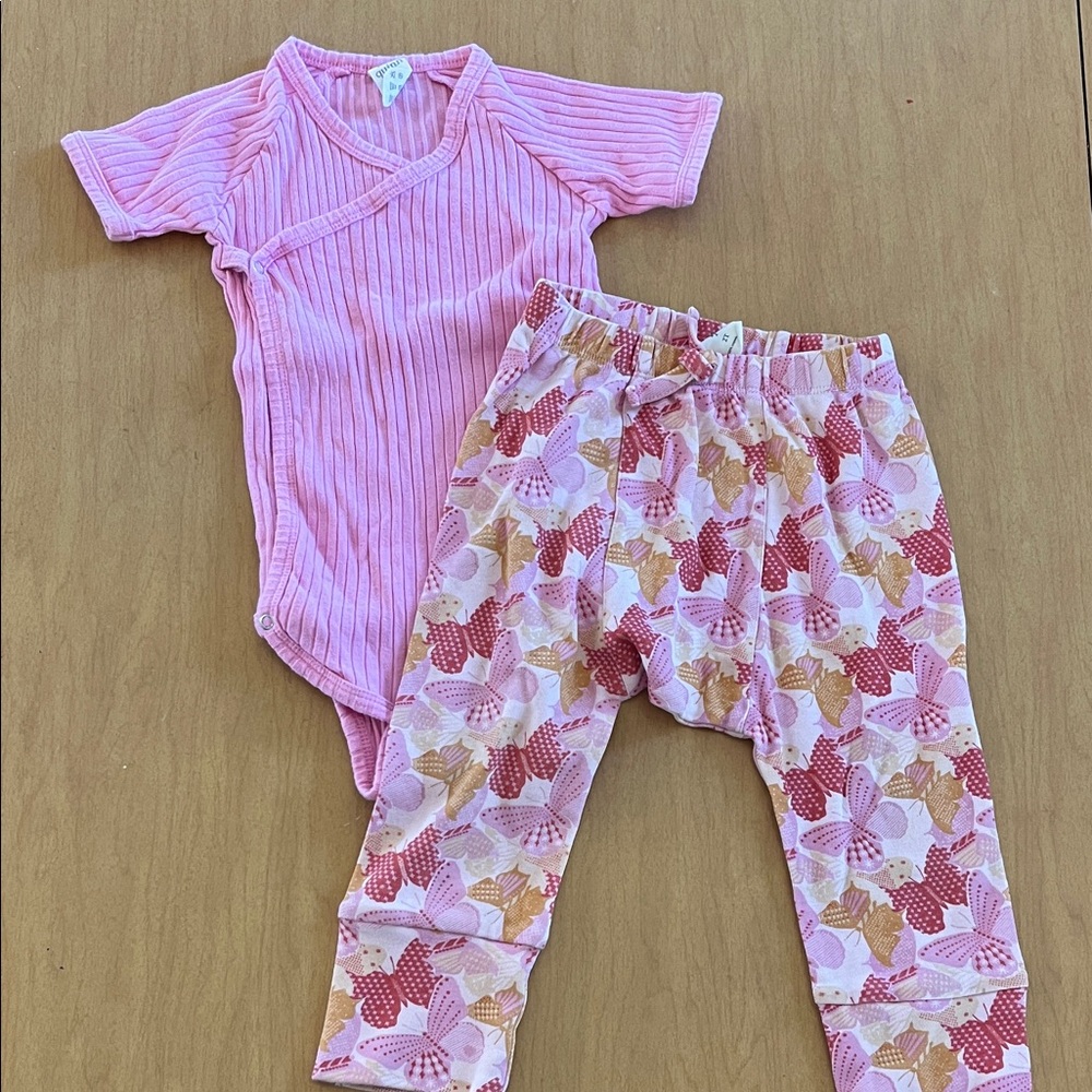 kate quinn Pink Wide Rib Kimono Bodysuit with matching Butterfly Panda Pants